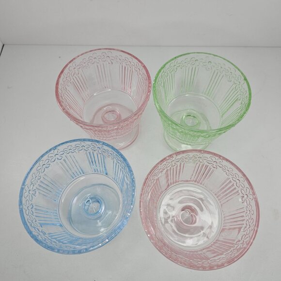 Daisy Flower Glass Dessert Pedestal Cups Set of 4 Blue Green PInk - Picture 11 of 12